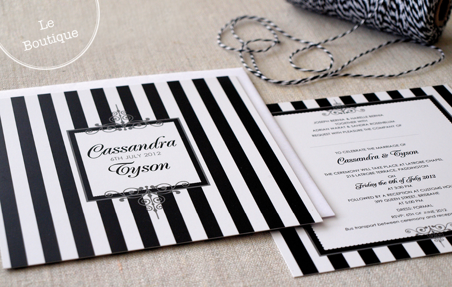 Black and white striped wedding invitation with elegant classic design