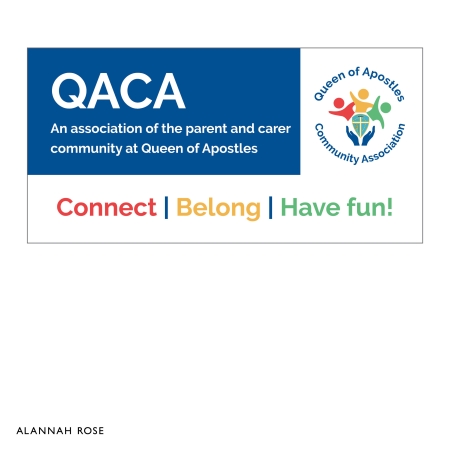 Queen of Apostles Community Association Poster showing QofA school emblem and house colours