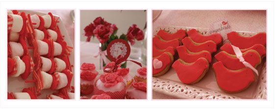 party food inspiration, pink and red party theme, gingerbread birds, candy kebabs