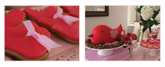 bird cake, pink and red party theme, 5th birthday party girls