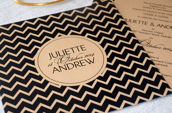 black and gold chevron wedding inviations